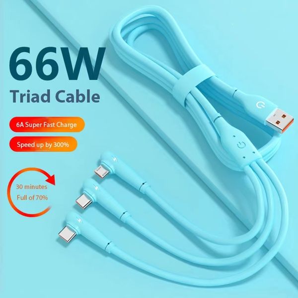 Câble USB Type C 3 en 1 66W, câble de charge ultra rapide, coude 6A, en Silicone liquide, câble de chargeur USB C, cordon de données pour Samsung Huawei Xiaomi OPPO