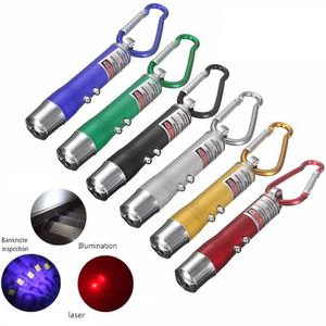 3 IN1 LED UV Licht Zaklamp Aluminium Legering Rode Laser Pointer Mini Torch met Sleutelhanger Pen Chain Free DHL