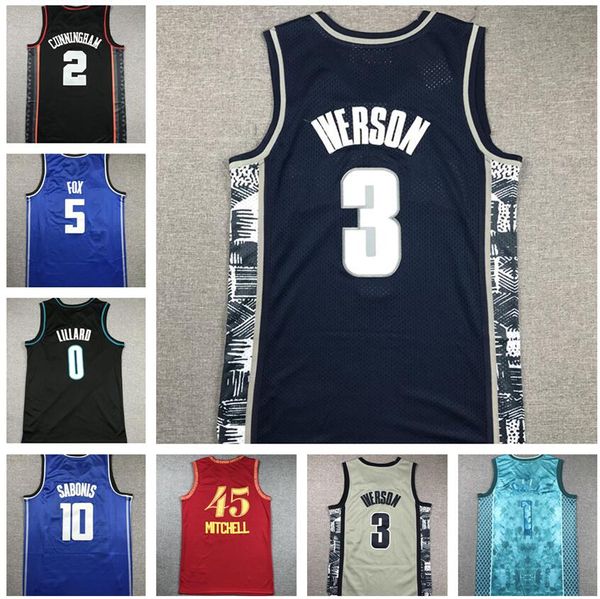 3 Maillots de basket-ball IVERSON City Edition Navy Fast Break Chemises kingcaps O LILARD 5 FOX 10 SABONIS 45 MITCHELL 2 CUNNINGHAM 1 BRIDGES 7 DURANT wear