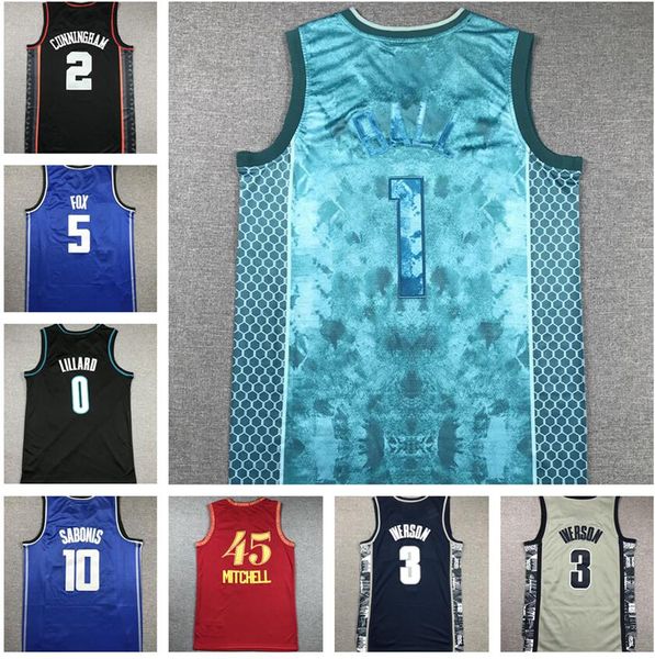 3 Maillots de basket-ball IVERSON City Edition magasin yakuda O LILARD 5 FOX 10 SABONIS 45 MITCHELL 2 CUNNINGHAM 1 PONTS 7 DURANT BALL 2 CUNNINGHAM 11 IRVING