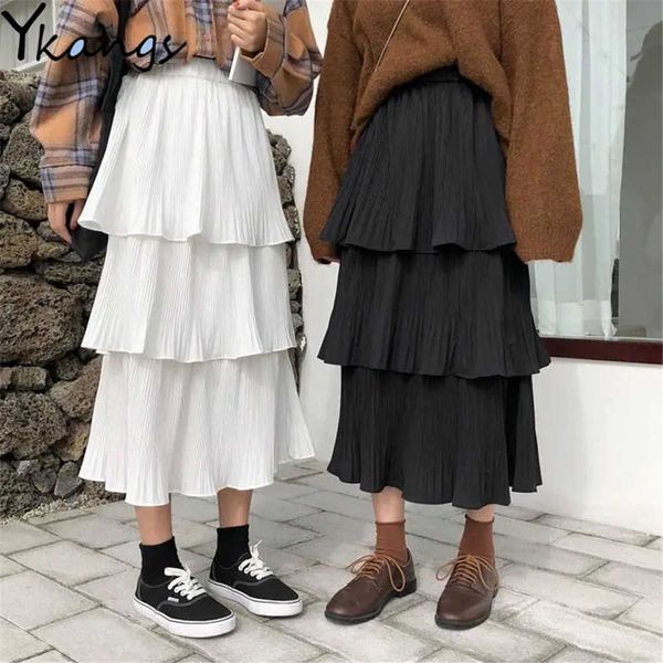 Falda de 3 capas para mujer, negro, blanco, estilo coreano, larga, holgada, informal, plisada, de gasa, capa, pastel, sol, mujer, 210619