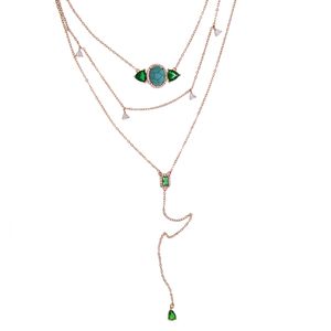 3 couches chaîne 925 collier en argent sterling triangle carré CZ ovale bleu turquoises pour femmes charme bijoux multi couche pendentifs Q0531