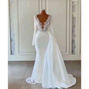 Robes de mariée de sirène brillante sexy perles perles transparent en V Col à manches longues perles de mariée robe de soirée bc18767