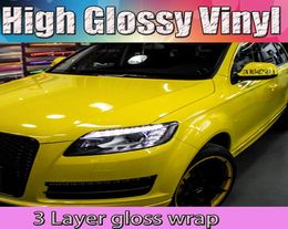 3 Lagen Ultra Glanzende Car Wrapping Films Hoogglans Citroengeel Vinyl Stickers Wrap Met Bubble Size152x20mroll3665529