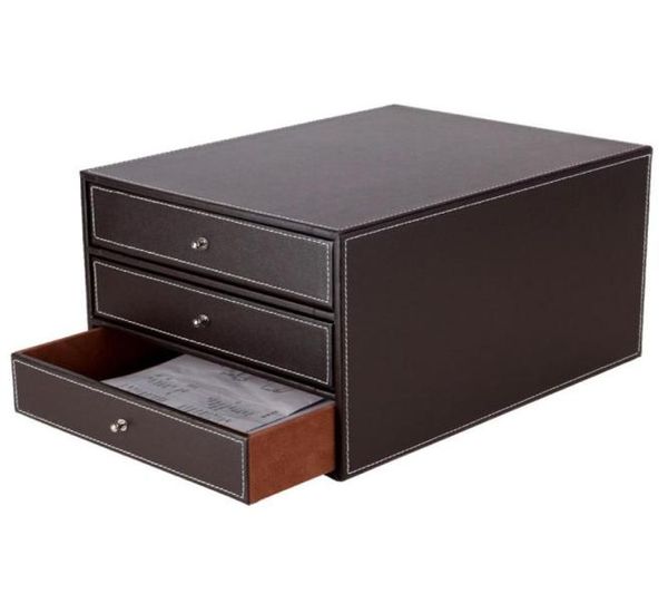 Ensemble de bureau en cuir en bois à 3 couches, tiroir de rangement de rangement Organisateur Organisateur Document Conteneur Black ZA46376295608