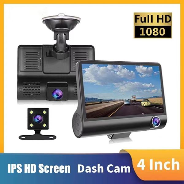 Cámara de salpicadero de 3 lentes, pantalla IPS HD de 4 pulgadas, grabadora DVR para coche, cámaras duales 1080P, cámara DVR para coche, visión nocturna con visión trasera de 170 grados