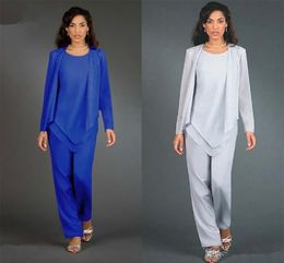 3 Nieuwe Designer -stukken Royal Blue Mother of the Bride Pant Suits lange mouwen Chiffon dames feestjurken dame avondjurken