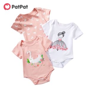 3-pack baby zwaan of meisje print korte mouwen rompertjes voor 0-12m katoenen jumpsuit kleding 210528