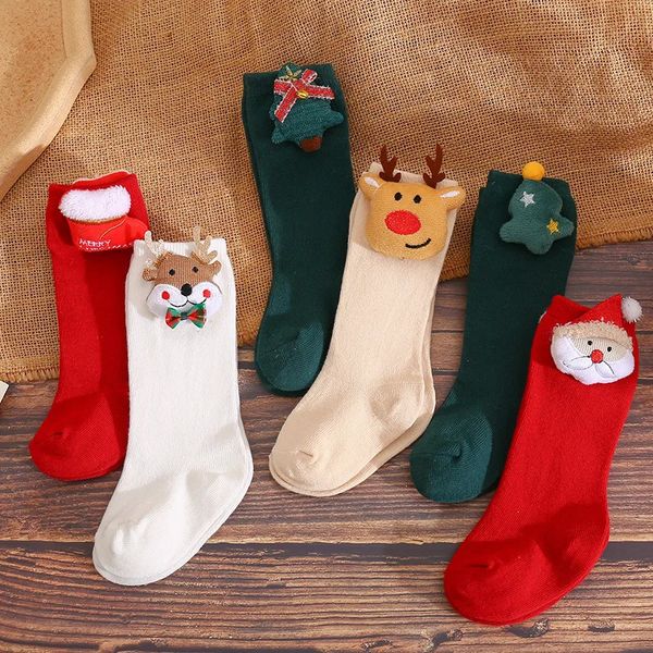 3 paires/lot bébé genou chaussettes année de noël enfants mignon dessin animé Animal noeud noeud bas coton doux couleur unie né 240109