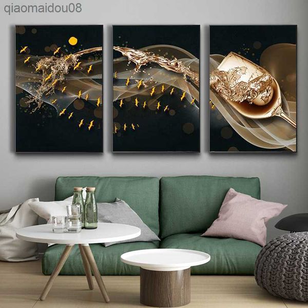 3 paneles de pintura abstracta en lienzo copa de vino dorada y carteles de peces e impresiones imágenes artísticas de pared para decoración para sala de estar sin marco L230704