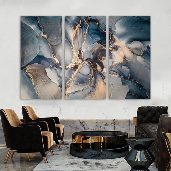 3 paneles de pinturas abstractas en lienzo de color azul y dorado, carteles de mármol de gran tamaño e impresiones de imágenes artísticas de pared para decoración del hogar y la sala de estar