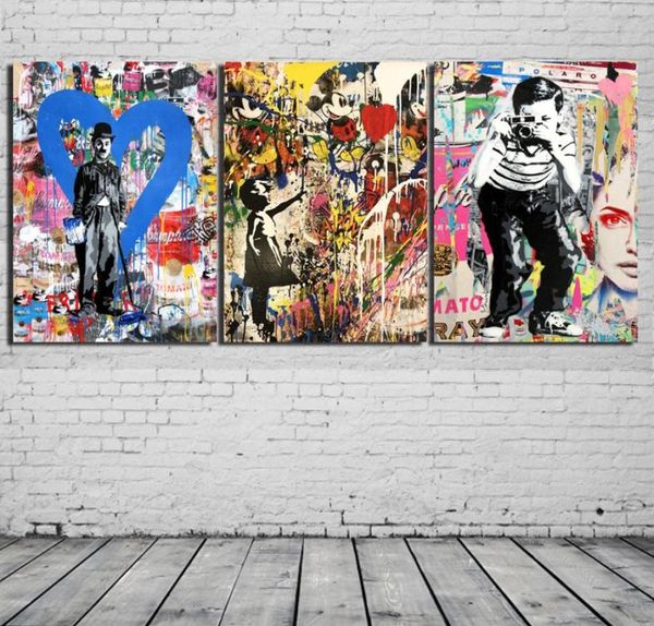 3 paneles Banksy Collage Graffiti Art Chaplin Canvas Modern Pintura al óleo Arte de pared estampado Decoración para la sala de estar enmarcada U6687279