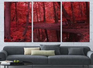 3 panneaux toile Art arbres feuilles rouges Frest décor à la maison mur Art peinture impressions sur toile photos pour salon Poster9746602