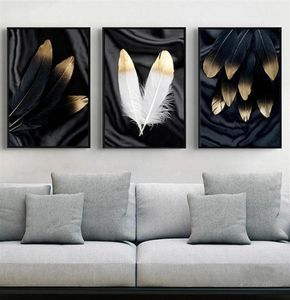 3 panneaux toile peinture affiches murales et impressions noir blanc or plume HD mur Art photos pour salon salle à manger Restaurant H9471788