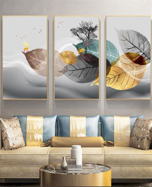3 panneaux toile peinture affiches murales et imprimés Feuilles HD Wall Art Pictures For Living Room Decoration Restaurant El Home 9495274