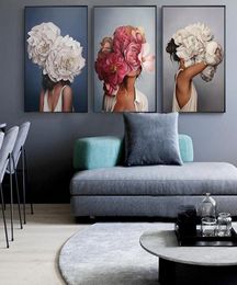 3 panneaux mode femme toile peinture à l'huile art décoratif photo abstrait mur art fleur fille imprime affiche salon maison Dec6208384