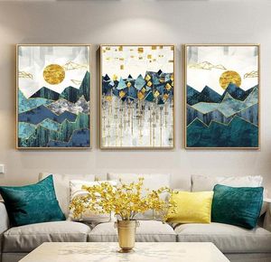 3 panneaux nordique abstrait géométrique montagne doré soleil paysage mur art toile peinture à l'huile Poste impression mur photo chambre décor 9042032