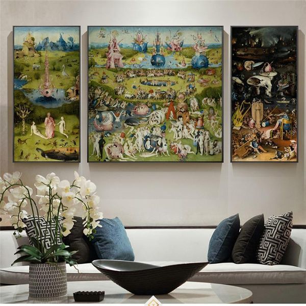 Peintures 3 panneaux Le jardin de la terre par Hieronymus Bosch Reproductions modulaires photo toile art mural pour décor de salon