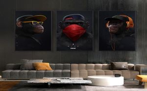 3 Panelen Denkende Aap met Koptelefoon Canvas Olieverfschilderij Wall Art Grappige Dierenposters Prints Muurfoto's voor Woonkamer Hom7665151