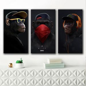 3 panelen denken Monkey met hoofdtelefoon grappige dierenmuurkunst canvas prints gorilla posters creatieve olie schilderij muurfoto's voor woonkamer huisdecoratie