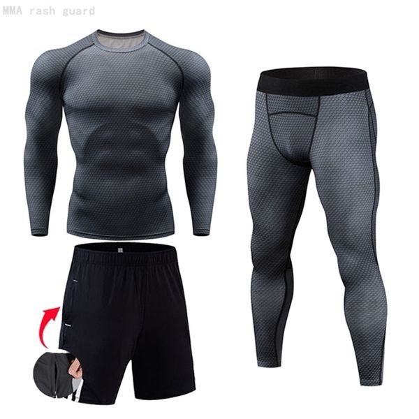 3-PC / Set Collants de course de haute qualité Leggings de compression masculine Hockey sous-vêtements thermiques T-shirt Sweat T-shirt Vêtements Men 220518