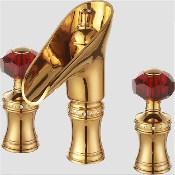 3 pCS 8 Lavabo Vasque Répandue Robinet Cascade Or Robinet Cristal Rouge Poignées247e