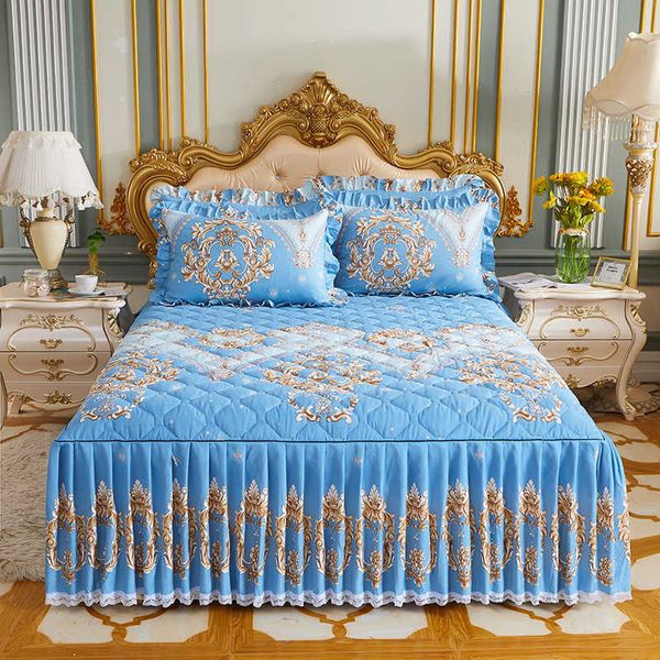 3 pcs drap de lit ensemble princesse jupe en coton propagation maison épaissie feuille de lotus givrée feuilles de taille reine pour 210626