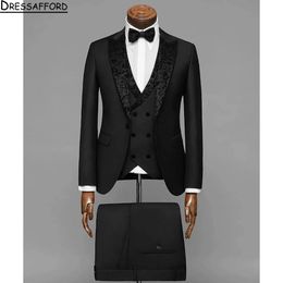 3 PCS Black Mens Suits Wedding Tuxedos Custom Made Lace Groom Groomsmen Suit Pak Mens 'Business Formal Wear (jas+broek)