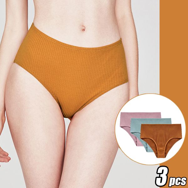 3 PC / porción de cintura alta de algodón de las mujeres bragas sin costuras pantalones cortos señoras ropa interior sexy suave calzoncillos cómodos para las mujeres conjunto naranja 201112