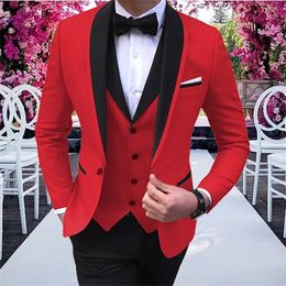 3 stks Red Mens Suits met Black Sjaal Revers Party Kostuum Slim Fit Pakken Tuxedos Prom Pak voor Wedding Prom (Acket + Pants + Vest) X0608