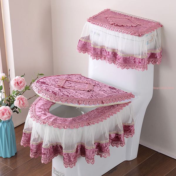 3 pcs / ensemble Tissu en tissu en dentelle de dentelle de toilettes à trois pièces en velours doré couvercle de siège de toilette en U