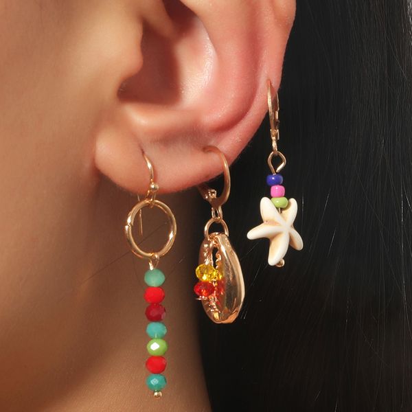 3 pièces/ensemble femme Boho multicolore cristal perlé boucles d'oreilles pour femmes filles mode or métal coquille étoile de mer balancent boucle d'oreille