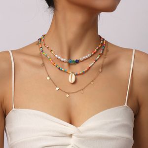3 pièces/ensemble femme couleur or longue chaîne coeur pendentif collier pour femmes Boho multicolore perles de verre à la main colliers de perles