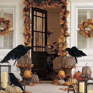 3 pièces ensemble Halloween réaliste fait à la main corbeau accessoire noir plumes corbeau mouche et support corbeaux corbeaux corbeau décoration 200929261E