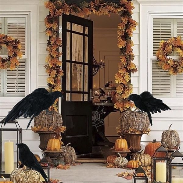 3 pièces ensemble Halloween réaliste fait à la main corbeau accessoire noir plumes corbeau mouche et support corbeaux corbeaux corbeau décoration 200929261E