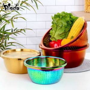 3 PCS / Set Herramienta de cocina Drenaje Cuenca Cesta Fruta Coladores Cesta de verduras Acero inoxidable Placa de fruta Oro Almacenamiento en el hogar 210626