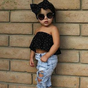3 stks / set. Nieuwe Kinderen Kinderkleding Meisjes Mode Pak Kinderkleding Set van Mouwen Top + Jeans + Bandage