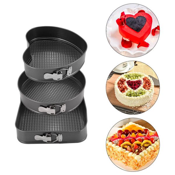 3 unids/set bandeja para hornear pasteles antiadherente, juego de bandejas para hornear con forma de corazón redonda y cuadrada con herramientas de decoración de pasteles de Fondo extraíble de resorte