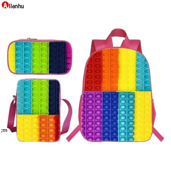 3 pezzi Set Push Backpack Divertenti giochi per famiglie Borsa 3D stampato Anime Cute Rainbow Fidget Bookbag da 16 pollici Ritorno a scuola Bomboniera Wrec