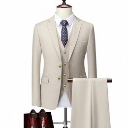 3 pièces ensemble costume manteau pantalon gilet / 2023 nouveaux hommes décontracté couleur unie mariage banquet hôte Dr Blazers veste pantalon gilet T1AE #