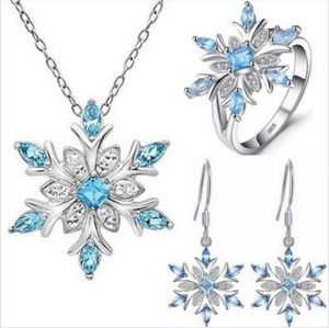 3 stks / set Trendy Ocean Blue Snowflake Set Dames Meisjes Ring Ketting Sieraden voor Kerstfeestaccessoires