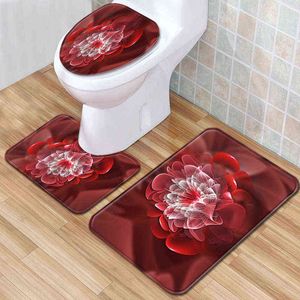 3 pièces / ensemble tapis de bain de fleur vintage ensemble anti-dérapant tapis paillasson couverture de salle de bain tapis de siège de toilette tapis de bain accessoires pour toilettes 211109
