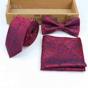 3 pc's stropdas set bloemen bordeaux zwart 6 cm das bowtie zakdoek jacquard polyester herenpak trouwfeest tie accessoire j220816