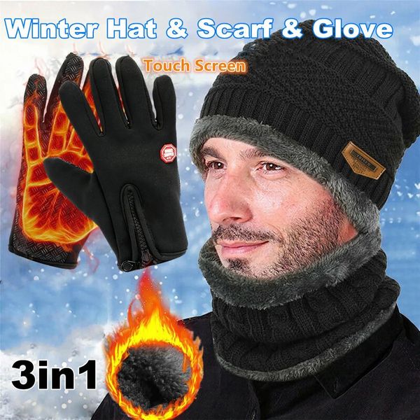 3 pièces hiver tricot bonnet chapeau cou plus chaud gants polaire doublé crâne casquette infini foulards écran tactile mitaines pour hommes femmes 240309