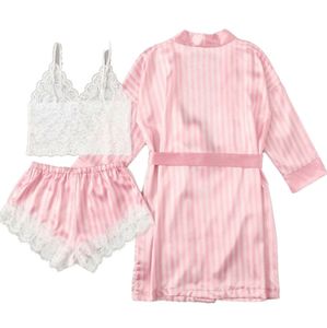 3 PCS Damesmode Pamas Set Silk Lace Lingerie Bathrobes Huiskleding Slaapkleding Slaap Pant + Robe 2020 Nieuw