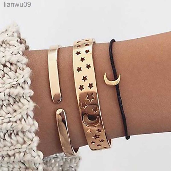 3 piezas Punk Hollow Moon Star brazalete oro plata Color pulseras cuero cadena pulsera mujer encanto multicapa brazalete joyería L230704