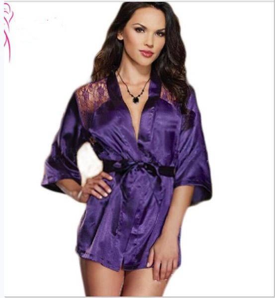 3 pecs Sexy Lâche Solide À Manches Longues Dames Chaude Causal Femmes Sexy Vêtements De Nuit Chemise De Nuit En Satin De Soie Babydoll Dentelle Robes Robe De Sommeil