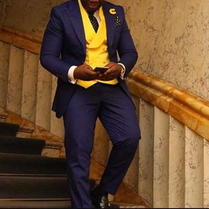 3 pièces hommes africains costumes Slim Fit jaune Double boutonnage gilet bleu royal mariage smoking pour marié dîner avec pantalon X0909