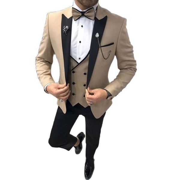 3 pièces Beige smoking de mariage pour garçons d'honneur Slim Fit classique hommes costumes avec gilet à double boutonnage mâle mode veste pantalon X0909
