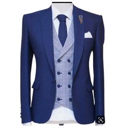 3 pièces Blue Hommes Costumes pour mariage avec le marié au pied culminé Tuxedo Set de mode masculin Jacket Plaid Vest Pants Nouvelle arrivée 201105